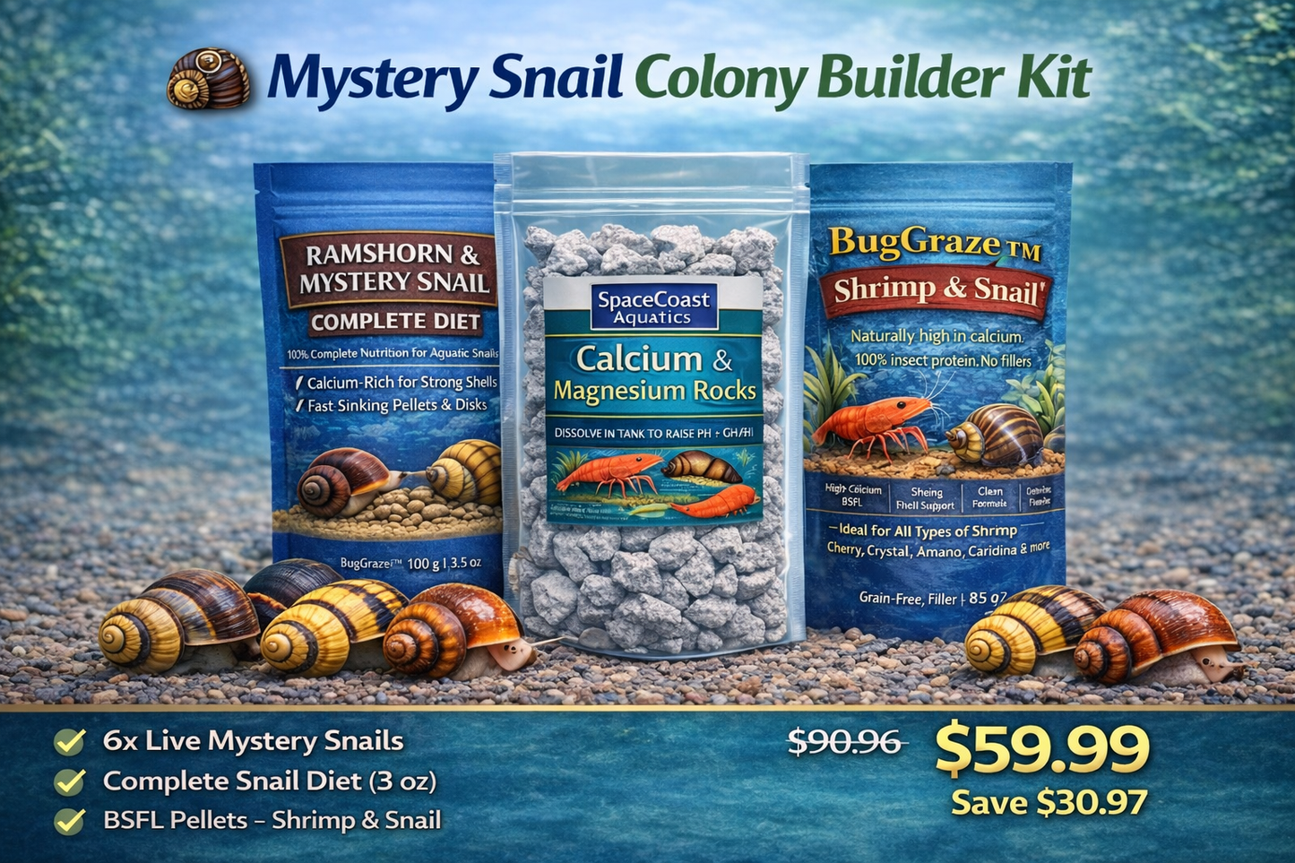 Mystery Snail Colony Builder Kit – 6 Live Snails + Complete Diet, BSFL Pellets & 8oz Mineral Rocks